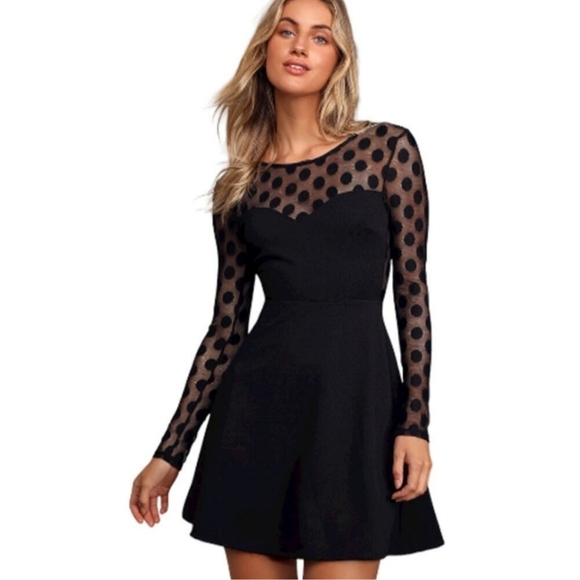Lulus In Hot Dot-ter Long Sleeve Black Dress Size Medium - Picture 1 of 9